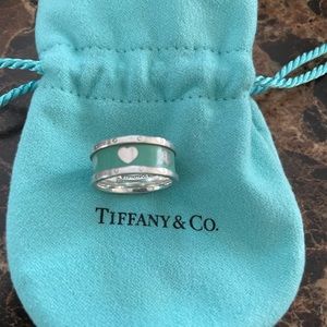 Tiffany & Co sterling silver blue enamel love heart wide ring size 5.5